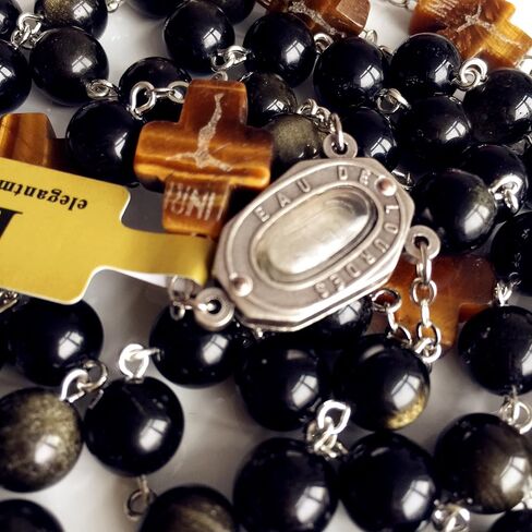 elegantmedical HANDMADE Catholic BLACK 10MM GOLD Obsidian BEADS Lourdes Water medal ROSARY CROSS NECKLACE BOX Mens Womens gift in Saudi Arabia