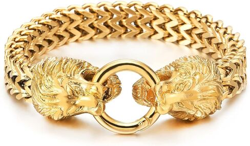 COOLSTEELANDBEYOND Vintage Biker Mens Steel King Lion Head Franco Box Link Chain Bracelet Spring Ring Clasp in Saudi Arabia
