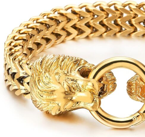 COOLSTEELANDBEYOND Vintage Biker Mens Steel King Lion Head Franco Box Link Chain Bracelet Spring Ring Clasp in Saudi Arabia