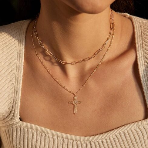 Valloey Rover الذهب الصليب قلادة للنساء 14K مطلية بالذهب سلسلة قلادة لذيذ الذهب الصليب قلادة قلادة بسيطة لطيف القلائد للفتيات المسيحية الإيمان قلادة المجوهرات in Kuwait
