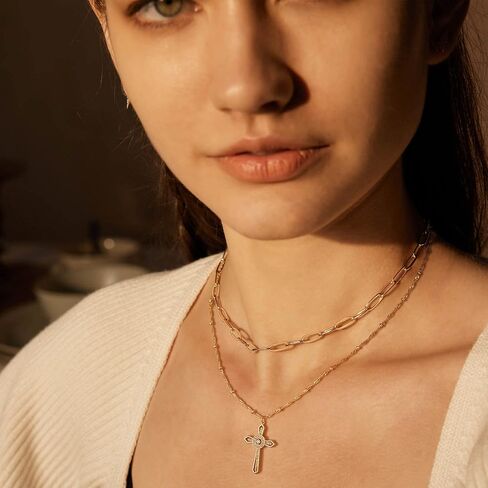 Valloey Rover الذهب الصليب قلادة للنساء 14K مطلية بالذهب سلسلة قلادة لذيذ الذهب الصليب قلادة قلادة بسيطة لطيف القلائد للفتيات المسيحية الإيمان قلادة المجوهرات in Kuwait