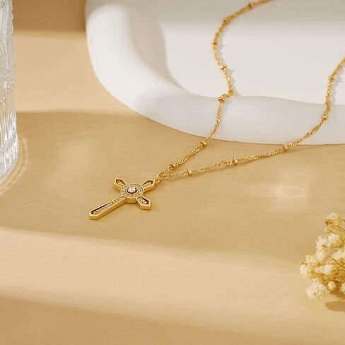 Valloey Rover الذهب الصليب قلادة للنساء 14K مطلية بالذهب سلسلة قلادة لذيذ الذهب الصليب قلادة قلادة بسيطة لطيف القلائد للفتيات المسيحية الإيمان قلادة المجوهرات in Kuwait