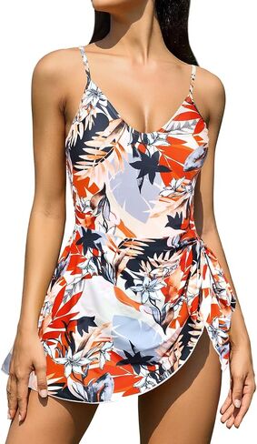 SHEKINI Women's Tummy Control One Piece Swimdress Drawstring Bathing Suits V Neck Swimwear in Kuwait