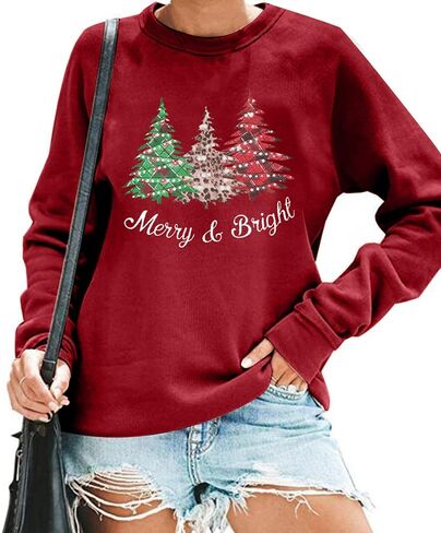 Merry and Bright Sweatshirt Women Merry Christmas Tops Leopard Plaid Christmas Tree Pullover Holiday Causal Blouse in Saudi Arabia