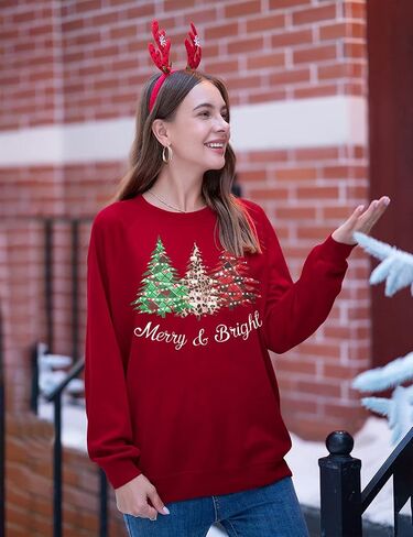 Merry and Bright Sweatshirt Women Merry Christmas Tops Leopard Plaid Christmas Tree Pullover Holiday Causal Blouse in Saudi Arabia
