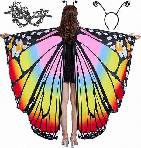 LABULADUO 3 قطع زي فراشة الهالوين للنساء، أجنحة الفراشة المضيئة وأجنحة الجنيات وشال الرأس مع قناع وعصابة رأس in Kuwait
