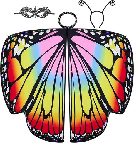 LABULADUO 3 قطع زي فراشة الهالوين للنساء، أجنحة الفراشة المضيئة وأجنحة الجنيات وشال الرأس مع قناع وعصابة رأس in Kuwait