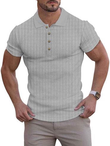 تي شيرت بولو رجالي من LOGEEYAR ذو نسيج منقوش ومطاط بأكمام قصيرة كاجوال تي شيرت جولف بملمس نحيف in Kuwait