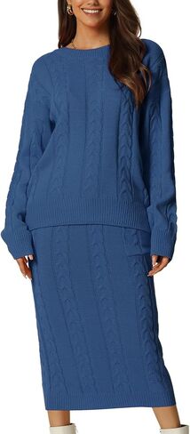 سترة Seta T للسيدات للخريف والشتاء كاجوال بياقة مستديرة مكونة من قطعتين، وتنورات متوسطة الطول مع جيوب، مجموعة صالة in Kuwait