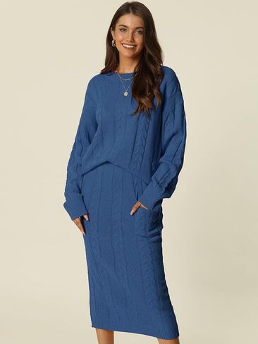 سترة Seta T للسيدات للخريف والشتاء كاجوال بياقة مستديرة مكونة من قطعتين، وتنورات متوسطة الطول مع جيوب، مجموعة صالة in Kuwait