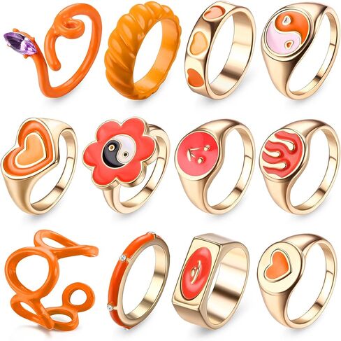 Sanfenly 12 قطعة Y2K حلقات مكتنزة خواتم ملونة للنساء في سن المراهقة الفتيات الاكريليك الراتنج خواتم الجمالية الذهب لطيف العصرية غير تقليدي بيان خواتم مفصل الإصبع الجمالية مجوهرات Y2K in Kuwait