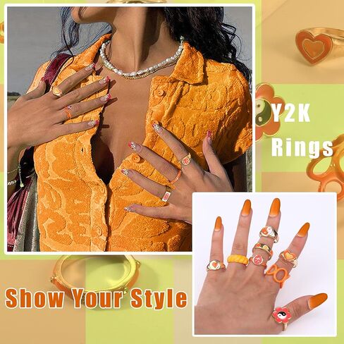 Sanfenly 12 قطعة Y2K حلقات مكتنزة خواتم ملونة للنساء في سن المراهقة الفتيات الاكريليك الراتنج خواتم الجمالية الذهب لطيف العصرية غير تقليدي بيان خواتم مفصل الإصبع الجمالية مجوهرات Y2K in Kuwait