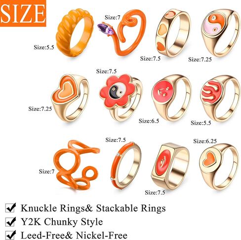Sanfenly 12 قطعة Y2K حلقات مكتنزة خواتم ملونة للنساء في سن المراهقة الفتيات الاكريليك الراتنج خواتم الجمالية الذهب لطيف العصرية غير تقليدي بيان خواتم مفصل الإصبع الجمالية مجوهرات Y2K in Kuwait