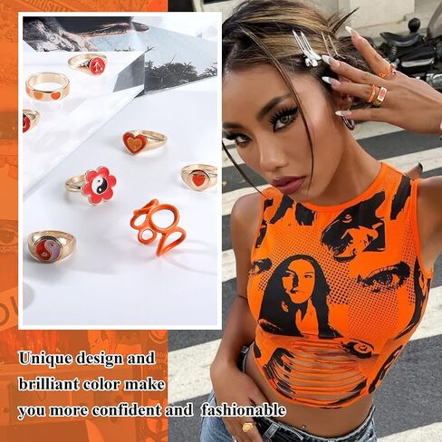 Sanfenly 12 قطعة Y2K حلقات مكتنزة خواتم ملونة للنساء في سن المراهقة الفتيات الاكريليك الراتنج خواتم الجمالية الذهب لطيف العصرية غير تقليدي بيان خواتم مفصل الإصبع الجمالية مجوهرات Y2K in Kuwait