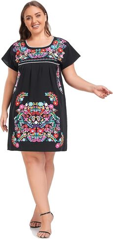 YZXDORWJ Women's Mexican Embroidered Plus Size Dress Floral Causal Fiesta Theme Boho Short Sleeve XXL Dress in Saudi Arabia