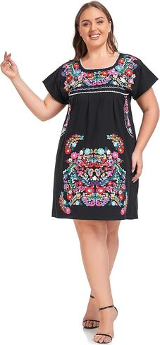 YZXDORWJ Women's Mexican Embroidered Plus Size Dress Floral Causal Fiesta Theme Boho Short Sleeve XXL Dress in Saudi Arabia