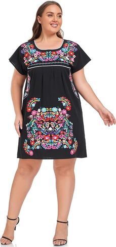 YZXDORWJ Women's Mexican Embroidered Plus Size Dress Floral Causal Fiesta Theme Boho Short Sleeve XXL Dress in Saudi Arabia