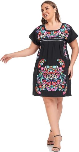 YZXDORWJ Women's Mexican Embroidered Plus Size Dress Floral Causal Fiesta Theme Boho Short Sleeve XXL Dress in Saudi Arabia