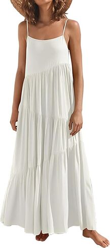 LCRRRN Womens Summer Dresses 2023 Loose Sleeveless Spaghetti Strap Asymmetric Tiered Maxi Dress in Kuwait