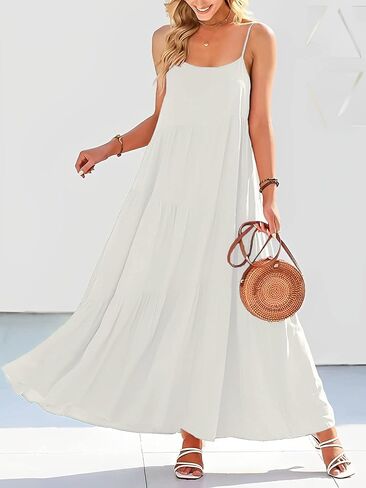 LCRRRN Womens Summer Dresses 2023 Loose Sleeveless Spaghetti Strap Asymmetric Tiered Maxi Dress in Kuwait