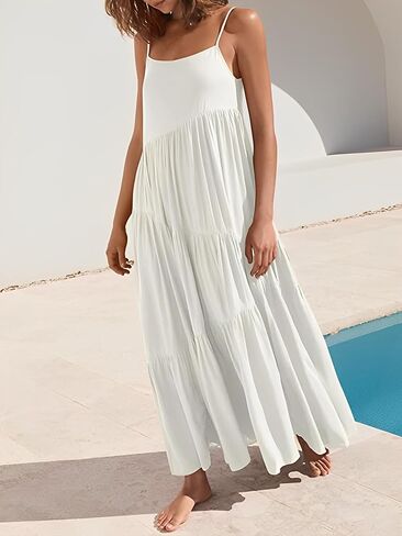 LCRRRN Womens Summer Dresses 2023 Loose Sleeveless Spaghetti Strap Asymmetric Tiered Maxi Dress in Kuwait