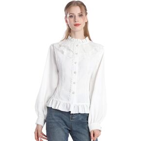 Nuoqi Victorian Blouses for Women Long Sleeve Victorian Shirt High Neck Goth Ruffle Shirt