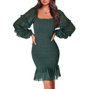 PRETTYGARDEN Womens 2023 Fall Smocked Bodycon Mini Dress Long Sleeve Square Neck Swiss Dot Ruffle Mermaid Elegant Dresses in Saudi Arabia