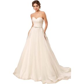 CongYunGe Women's A Line Strapless Tulle Wedding Dresses Lace Bridal Gowns with Beading Belt in Saudi Arabia