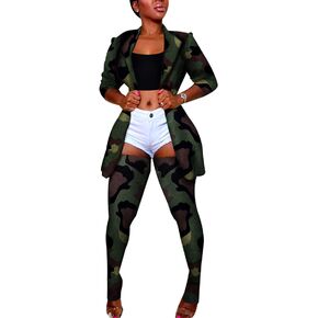 Lucuna Women's Sexy 2 Piece Club Outfits Open Front Blazer + Bodycon Pants Long Stockings Set