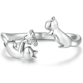 BISAER خاتم القط حلقات قابل للتعديل للنساء، 925 الفضة الاسترليني حلقات القط جميل القطط الحيوانات المفتوحة حلقة عناق خواتم مجوهرات للنساء هدايا مجوهرات in Kuwait