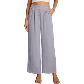 GRECERELLE Women Linen Palazzo Pants Wide Leg Flowy Pants High Waist Casual Button Long Lounge Pant Trousers with Pocket
