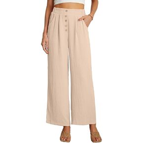 GRECERELLE Women Linen Palazzo Pants Wide Leg Flowy Pants High Waist Casual Button Long Lounge Pant Trousers with Pocket