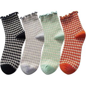Women's Cute Ruffle Frilly Striped Color Block Cotton Knit Casual Crew Socks 4 Pairs Size 5-9 (Multi Color B) in Saudi Arabia
