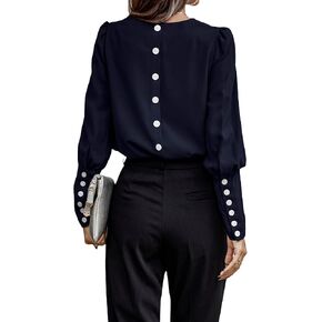 Floerns Women's V Neck Button Back Puff Leg of Mutton Sleeve Blouse Top