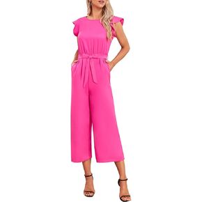 CHAMA Women Jumpsuits Crew Neck Sleeveless Ruffle Wide Leg Romper with Pockets Belted Cropped One Piece Casual Outfits in Saudi Arabia