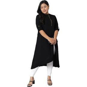 Janasya XL LOVE Indian Women's Plus Size Black Poly Crepe Kurta in Saudi Arabia