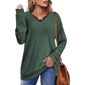 MixShe كنزات نسائية موضة خريف 2023 قمصان بأكمام طويلة ورقبة على شكل V ملابس عصرية تونك كاجوال مزخرف بالدانتيل بلوزات للسيدات أخضر كبير in Kuwait