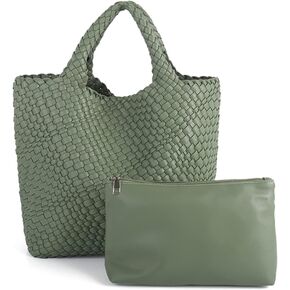 SHARPAD Woven Beach Tote Bag, Women Macaron Soft Leather Weave Handbag with Purse Top-handle Handbag for Work Travel