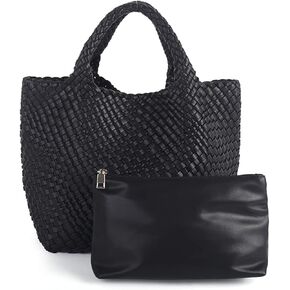 SHARPAD Woven Beach Tote Bag, Women Macaron Soft Leather Weave Handbag with Purse Top-handle Handbag for Work Travel