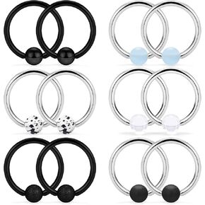 SCERRING 6 Pairs 14G Stainless Steel Captive Bead Ring Nipple Rings Hoop Cartilage Earrings Nipplerings Piercing Jewelry For Women Men 14mm 16mm