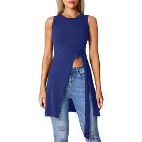 LYANER Women's Round Neck Side Split Asymmetrical Hem Sleeveless Longline Tank Top Blouse