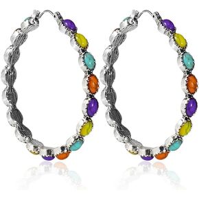 Boho Ethnic Turquoise Beaded Hoop Earrings Western Natural Stone Stainless Steel for Women Cowgirl Tribal Bohemian Beach Jewelry