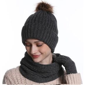 المرأة الشتاء قبعة قبعة وشاح قفازات البدلة، قبعة صغيرة مترهل الثلوج متماسكة الجمجمة كاب شاشة تعمل باللمس القفازات دائرة الأوشحة للنساء in Kuwait