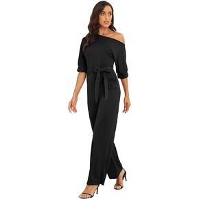 Ins Fall Jumpsuits Black - Loose, Casual, Dressy, Off-Shoulder, One Piece, Wide Leg, Elastic Waist, Stretchy, 3/4 Sleeve in Saudi Arabia
