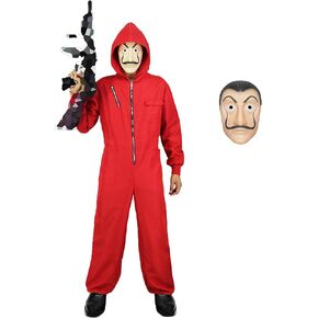 Enccfoeo Mens Halloween Costume Money Red Jumpsuit Adult Gangster Robber Cosplay Outfit Coveralls with Accessories Mask in Kuwait