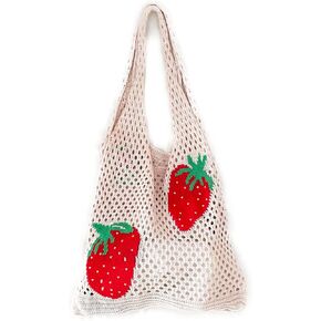 Stizimn Cute Strawberry Pattern Tote Bag Crochet Tote Bag Shoulder Bag Handbags Knitting Bag Aesthetic Handmade Weaving