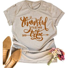 Womens Thanksgiving Mom Casual Tee Shirt Fun Letter Print Fall Short Sleeve Tops Thankful for My Tribe Tshirts Blouse