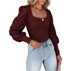 Qearal 𝟐𝟎𝟐𝟑 𝐍𝐞𝐰 Women's Puffy Sheer Mesh Long Sleeve Polka Dot Square Neck Ribbed Blouses and Tops