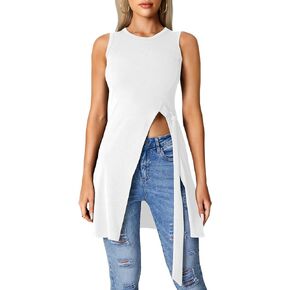 LYANER Women's Round Neck Side Split Asymmetrical Hem Sleeveless Longline Tank Top Blouse