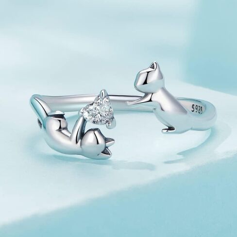 BISAER خاتم القط حلقات قابل للتعديل للنساء، 925 الفضة الاسترليني حلقات القط جميل القطط الحيوانات المفتوحة حلقة عناق خواتم مجوهرات للنساء هدايا مجوهرات in Kuwait